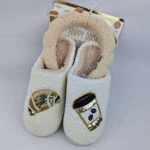 Slippers & Headband Coffee Croissant Sherpa Embroidery Sequin Ivory L (9/10) NWT